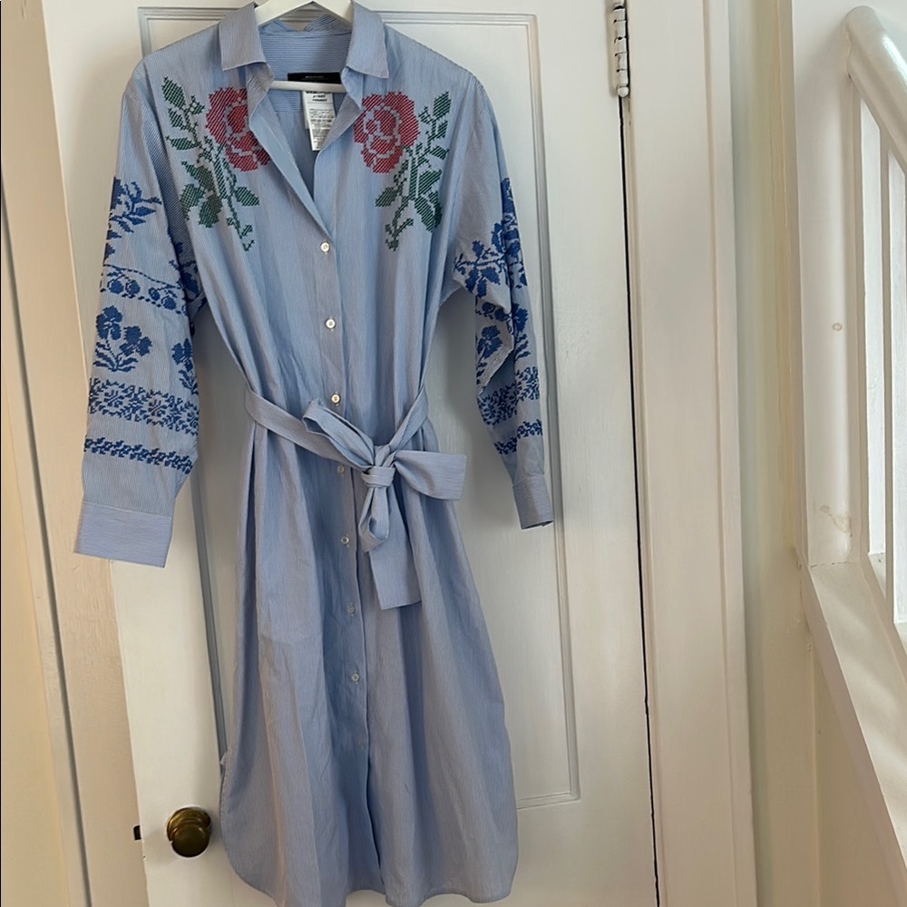 Weekend Max Mara Blue Embroidered Long Sleeve Shirt Dress